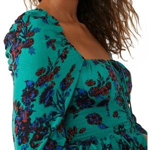 Free People Hilary Floral Print Square Neck Long Puff Sleeve Tie Back Smock Top